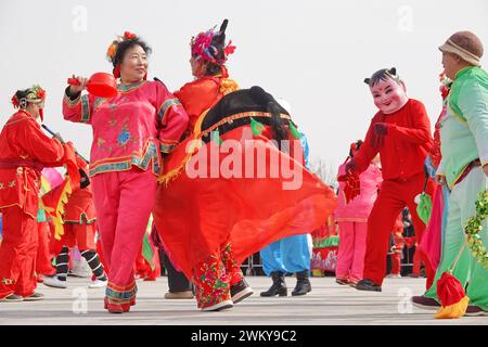 Yantai, China. Februar 2024. Volkskünstler führen Yangko auf einer Volkskunstausstellung in Yantai, China, am 23. Februar 2024 auf. (Foto: Costfoto/NurPhoto) Credit: NurPhoto SRL/Alamy Live News Stockfoto