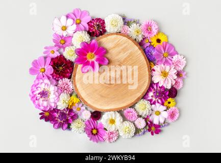 Hölzerner runder Podiumsockel kosmetische Schönheitsproduktpräsentation leeres Modell auf grauem Pastellhintergrund mit Blumen. Minimalistischer flacher Hintergrund, t Stockfoto