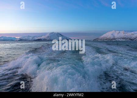 Europa, Norwegen, Tromso, Kreis Troms, Ullsfjorden; wach von gestörtem Wasser zum Stern eines Walbeobachtungsbootes, das im Winter den Grotsundet verlässt Stockfoto