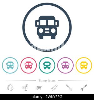Vorderansicht des Schulbusses, einfarbige Symbole in runden Umrissen. 6 Bonussymbole enthalten. Stock Vektor