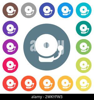 Feueralarm-Glocke leuchtet mit flachen weißen Symbolen auf runden farbigen Hintergründen. 17 Hintergrundfarbvarianten sind enthalten. Stock Vektor