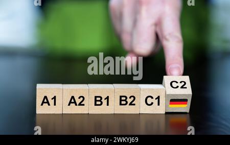 Symbol für das Erlernen der deutschen Sprache. Holzwürfel zeigen die Fähigkeitsstufe A1 bis C2. Stockfoto