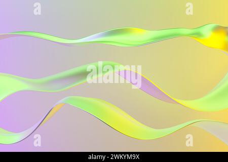 Gelber und grüner abstrakter Hintergrund mit wellenförmigen Linien in einer lebendigen Anzeige. 3D-Rendering Stockfoto
