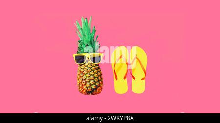 Sommerurlaub-Bild, stilvolle Ananas und gelbe Flipflops auf rosa Hintergrund Stockfoto