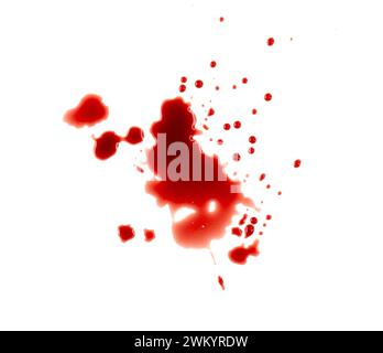 Echtes Blut, blutige Flecken, Tropfen, Spritzer isoliert auf weiß Stockfoto