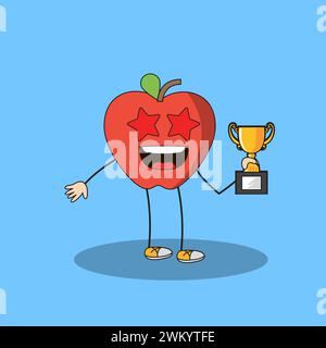 Kunst Illustration Doodle Kawaii Früchte Symbol Charakter Apple Maskottchen Aktivität der Hold Trophäe Stock Vektor