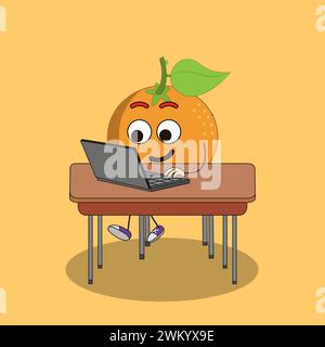 Kunst Illustration Doodle Kawaii Früchte Symbol Charakter Orange Maskottchen Aktivität der Arbeit Verwenden Laptop Stock Vektor