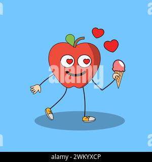 Kunst Illustration Doodle Kawaii Früchte Symbol Charakter Apple Maskottchen Aktivität des Halten Eis Stock Vektor