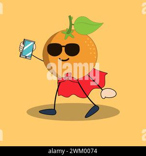Kunst Illustration Doodle Kawaii Früchte Symbol Charakter Orange Maskottchen Aktivität des Telefon Selfie Stock Vektor