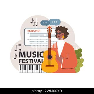 Die Musikerin grinst mit ihrer Gitarre, bereit, der Headliner beim Musikfestival zu werden. Notizen schweben herum, während die Begeisterung für ihre Leistung zunimmt. Illustration des flachen Vektors Stock Vektor