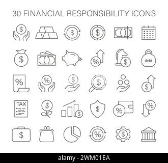 Eine Sammlung von Symbolen für die finanzielle Verantwortung, die Spareinlagen, Investitionen, Steuern und Schuldenmanagement darstellen, um eine klare visuelle Kommunikation zu gewährleisten. Illustration des flachen Vektors. Stock Vektor