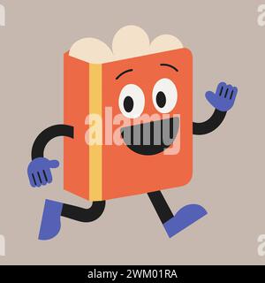 Groovige Zeichentrickfigur. Flache Retro-Illustration. Happy Running Book. Stock Vektor