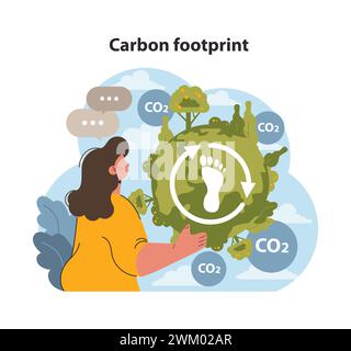 Frau, die das Konzept des CO2-Fußabdrucks präsentiert, umgeben von CO2-Symbolen und grüner Natur. Betonung der Umweltverantwortung. Illustration des flachen Vektors. Stock Vektor