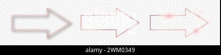 Set aus drei roségoldfarbenen, pfeilförmigen Rahmen, isoliert auf transparentem Hintergrund. Glänzender Rahmen mit leuchtenden Effekten. Vektorabbildung Stock Vektor