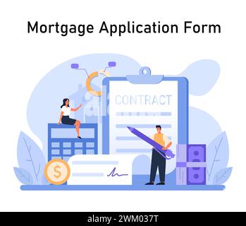 Konzept des Antragsformulars für Hypotheken. Eine Frau tritt auf Taschenrechner-Knöpfe, während ein Mann einen riesigen Stift hält, bereit, einen Hausvertrag zu unterzeichnen. Sicherung der Hausfinanzierung. Illustration des flachen Vektors. Stock Vektor