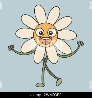 Fröhliche Zeichentrickfigur im Retro-Groovigen Stil. Hand gezeichnete Vektorblume im trendigen 70er Jahre Stil. Stock Vektor