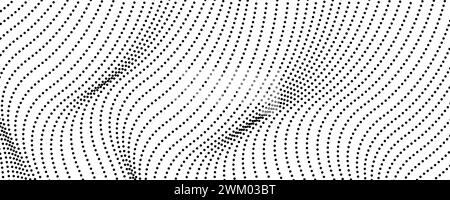 Schwarzweißhintergrund im Halbton mit fließenden Punkten. Abstrakte schwarz-weiße Wellenstruktur. Vektorabbildung Stock Vektor