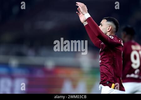 Turin, Italien. Februar 2024. Antonio Sanabria von Torino FC Gesten während des Fußballspiels der Serie A zwischen Torino FC und SS Lazio im Stadio Olimpico am 22. Februar 2023 in Turin. Quelle: Marco Canoniero/Alamy Live News Stockfoto