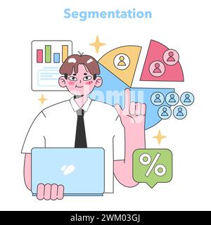 Konzept der Segmentierungsstrategie. Professionell mit einem Laptop, die Daten in verschiedene Segmente aufteilen, Diagramme im Hintergrund zeigen Benutzergruppen an. Effektive Marktaufteilung. Illustration des flachen Vektors. Stock Vektor