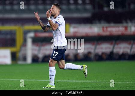 Turin, Italien. Februar 2024. Ciro immobile von SS Latium Gesten während des Fußballspiels Serie A zwischen Turin FC und SS Lazio im Stadio Olimpico am 22. Februar 2023 in Turin. Quelle: Marco Canoniero/Alamy Live News Stockfoto