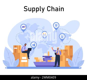 Supply Chain Dynamics Konzept. Globales Logistiknetz und Vertriebskanäle. Koordination von Fracht, Lagerung und Versand. Illustration des flachen Vektors Stock Vektor