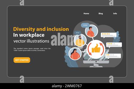 Verschiedene Mitarbeiter auf einem Computerbildschirm zeigen positives Feedback und Bewertungen. Integration von Vielfalt in digitale Feedback-Systeme am Arbeitsplatz. Illustration des flachen Vektors Stock Vektor