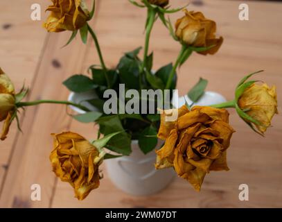 Ein Krug mit gelben Rosenblüten, die verwelkt sind und braun geworden sind. Stockfoto