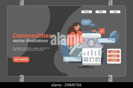Selbstbewusste Frau navigiert über digitale Schnittstellen auf dem Rohstoffmarkt. Analyse von Diagrammen, Preisen und Handelswaren. Interaktive Online-Plattform. Illustration des flachen Vektors Stock Vektor