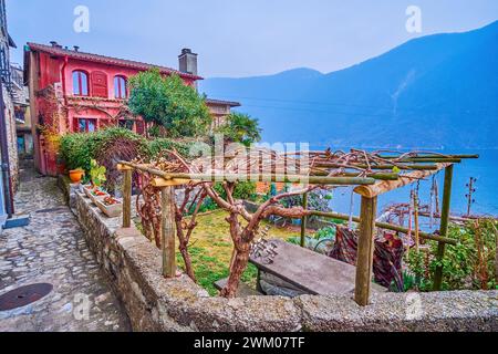 Terrasse mit kleinem Weinberg mit hervorragendem Blick auf den Luganer See in Gandria, Schweiz Stockfoto