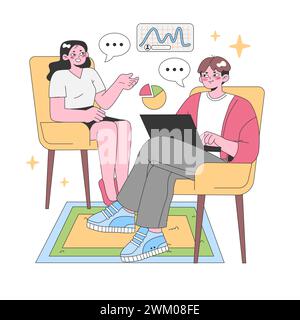 Zwei Kollegen, die an einem gemütlichen Arbeitsplatz an einer datenbasierten Diskussion teilnehmen, wobei visuelle Diagramme in Dialogblasen schweben und Teamarbeit und Analyse betonen. Illustration des flachen Vektors Stock Vektor
