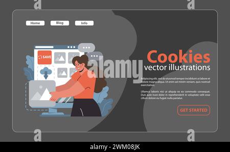 Cookies-Konzept. Eine lächelnde Frau interagiert mit einer Webseite, die Symbole „Speichern“ und „Cloud“ anzeigt und auf die Einstellungen für die Datenspeicherung hinweist. Digitale Privatsphäre und Benutzererfahrung. Illustration des flachen Vektors Stock Vektor