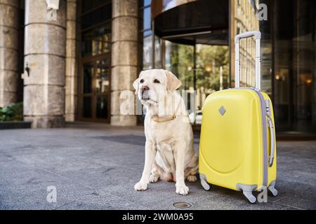 Niedliches labrador neben gelbem Koffer in der Nähe des Eingangs eines haustierfreundlichen Hotels, Reisekonzept Stockfoto