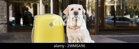 Niedliches labrador, das neben gelbem Gepäck in der Nähe des Eingangs eines haustierfreundlichen Hotels sitzt, Reisebanner Stockfoto