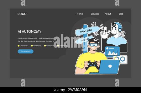 KI Ethik im Dunkeln oder Nachtmodus Web, Landung. Autonomie künstlicher Intelligenz. Virtual-Reality-Entwickler und komplexe Algorithmen arbeiten zusammen. Entscheidungsfindungsprozess. Illustration des flachen Vektors Stock Vektor