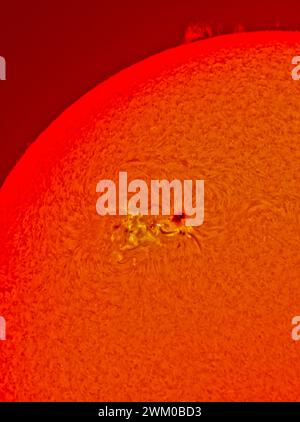 London, Großbritannien. Februar 2024. Der riesige Sonnenfleck AR3590 sendet Sonneneruptionen der X-Klasse aus, die stärksten seit 2017. Diese Nahaufnahme der Sonnenfleckenregion, fotografiert durch ein Sonnenteleskop aus London. Kredit: Malcolm Park/Alamy Stockfoto