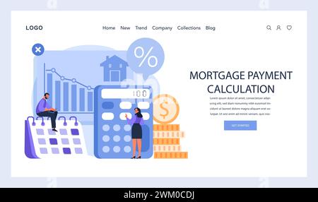 Berechnungskonzept für Hypothekenzahlungen. Die Frau verwendet einen Rechner neben dem Wachstumsdiagramm, um Zinssätze für Hauskredite und monatliche Zahlungen zu bewerten. Strategische Finanzplanung. Illustration des flachen Vektors. Stock Vektor
