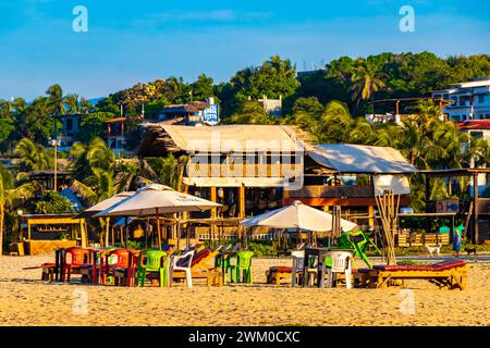 Puerto Escondido Oaxaca Mexiko 16. November 2022 Palmen People Sonnenschirme und Sonnenliegen im Beach Resort Hotel auf tropischem mexikanischem B Stockfoto