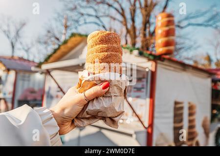 Unwiderstehliches Aroma von frisch gebackenem Trdelnik-Kuchen, einem traditionellen tschechischen Gebäck, das für seine verführerische Süße und seine einzigartige Form des Kamins bekannt ist. Stockfoto