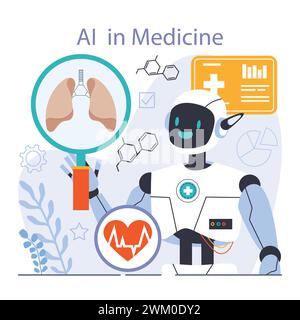 KI-Integration. Künstliche Intelligenz und menschliche Synergie. Gesundheitsorientierte neuronale Netzwerkunterstützung und Robotisierung des Gesundheitswesens. KI-Diagnostik und -Behandlung. Illustration des flachen Vektors Stock Vektor