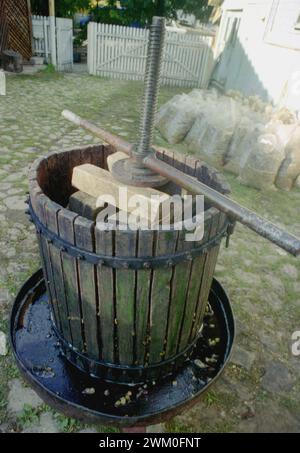 Vrancea County, Rumänien, ca. 1999. Eine traditionelle Weinpresse, die auf einem ländlichen Grundstück genutzt wird. Stockfoto