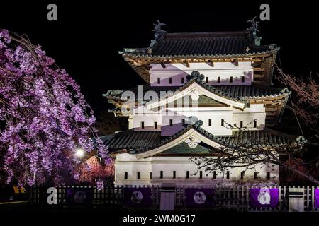 Schloss Hirosaki in Aomori, Japan, umgeben von der wunderschönen Sakura (Kirschblüte) bei Nacht Stockfoto