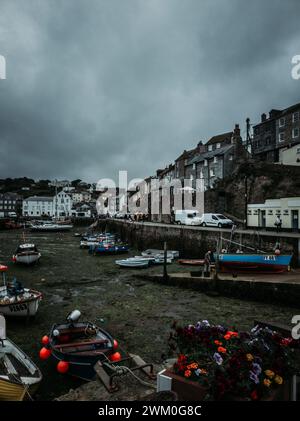 Die Boote in einem Yachthafen am Meer an einem bewölkten Tag, Mevagissey, Großbritannien Stockfoto