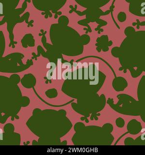 Grüne Froschsilhouette auf rotem Hintergrund. Handgezeichnetes nahtloses Muster im Cartoon-Stil. Stock Vektor