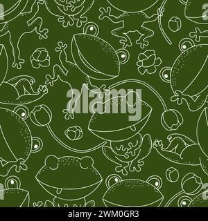Lustige Frösche umranden sich auf dunkelgrün. Handgezeichnetes nahtloses Muster im Cartoon-Stil. Stock Vektor
