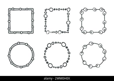 Rahmen, Rahmen im Doodle-Stil festgelegt. Handgezeichnete Pinselstriche, isolierte grafische Elemente. Umrisskranz, quadratische geometrische Formen. Leer Stock Vektor