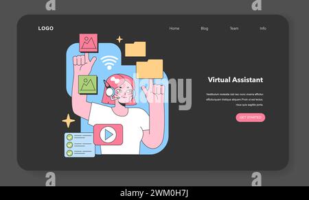 Der engagierte virtuelle Assistent verwaltet Multimedia-Elemente. Sie jongliert mit Bildern, Videos und Daten und sorgt dabei für eine nahtlose Konnektivität. Multitasking im digitalen Zeitalter. Illustration des flachen Vektors Stock Vektor