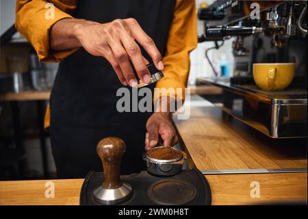Barista stampft gemahlenen Kaffee im Portafilter mit Manipulator im Café Stockfoto