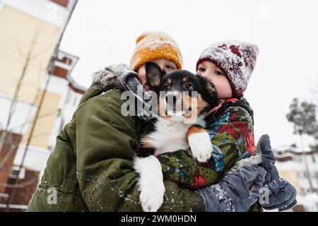 Brüder tragen warme Kleidung und halten im Winter Hund Stockfoto