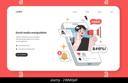 Ein junger Mann auf dem Smartphone-Bildschirm lehnt Falschheiten ab und schildert das wachsende Problem der Manipulation in sozialen Medien und die Verbreitung gefälschter Nachrichten. Illustration des flachen Vektors Stock Vektor