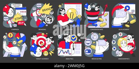 Werbeagenturen. Strategien und Ziele im Marketing. Dynamik in Anzeigen, Markenidentität. Ansprechende Inhalte für das Publikum. Illustration des flachen Vektors. Stock Vektor